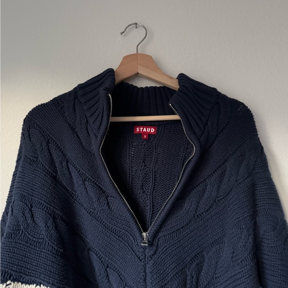 Staud Navy & Cream Half-Zip Cable Knit Sweater - Picture 6 of 12